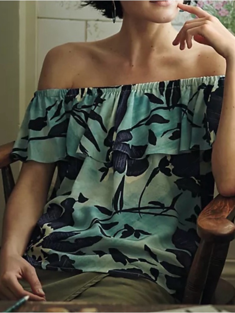 Maeve Seafoam Green Off-Shoulder Floral Ruffle Top
